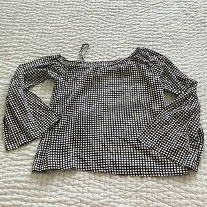 Roxy Black & White Window Pane Check One Shoulder Bell Sleeve Top Sz S  Like New